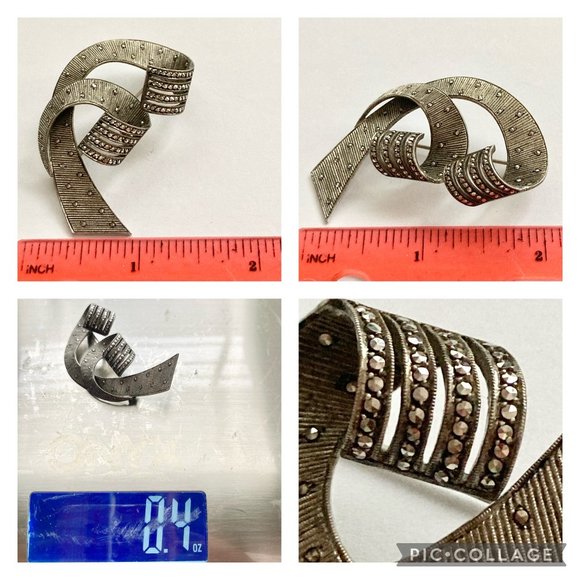 Vintage Sterling Silver Art Deco Marcasite Brooch Pin 925 Estate Ribbon Swirl - Picture 14 of 14